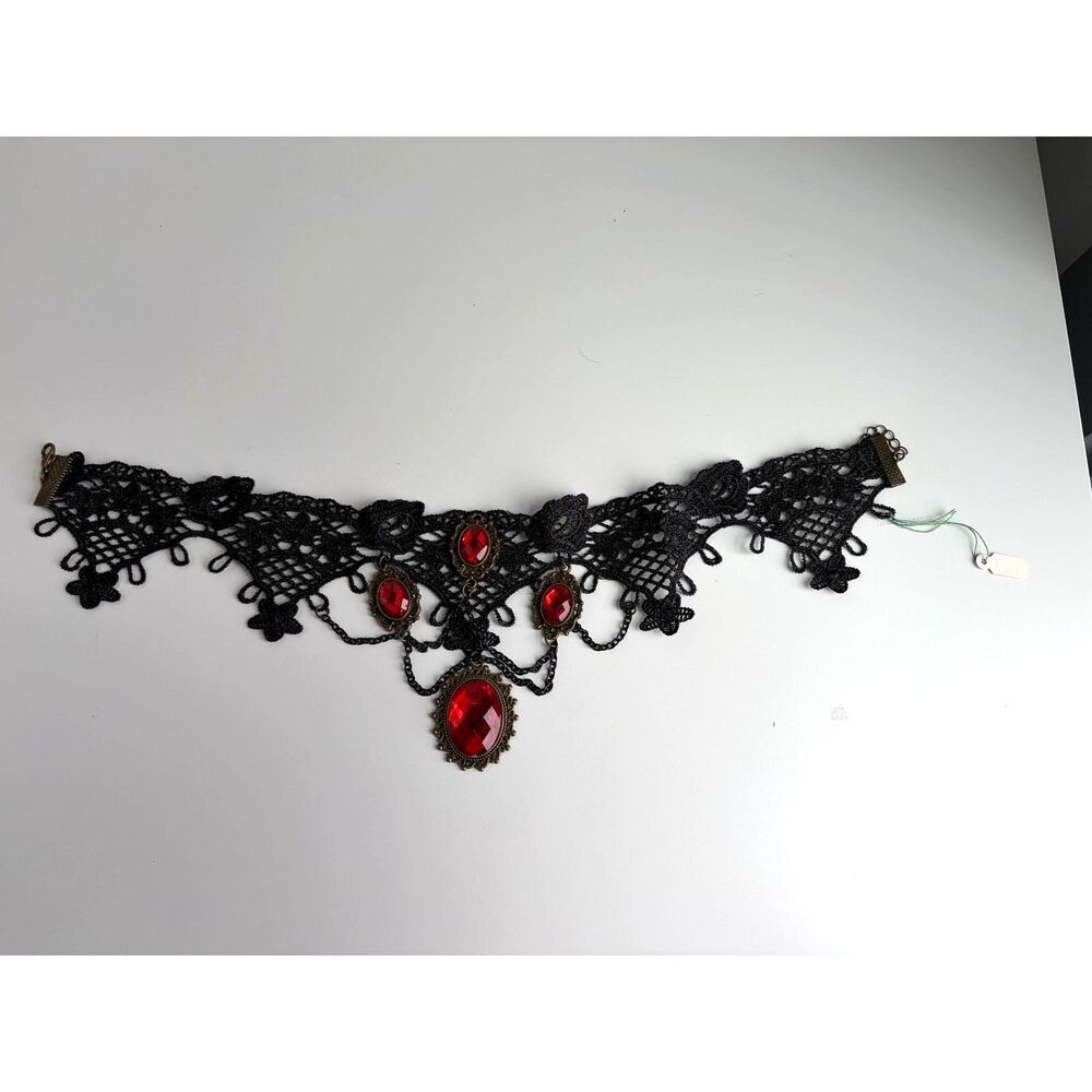 Victorian Gothic Lace Choker Necklace Red Rhinestone Pendant Black Lace Necklace